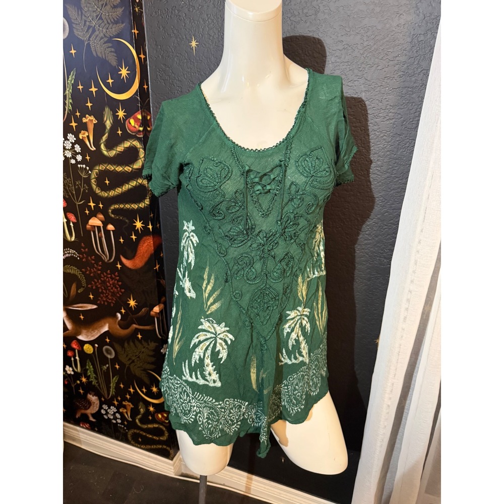 Ruby n Style Green Tropical Palm Tree Embroidered Lace Up Tunic Top/dress Boho